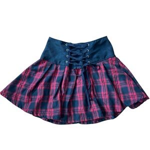 Hot Topic black and red Plaid Skater Skirt with Lace-Up Detail